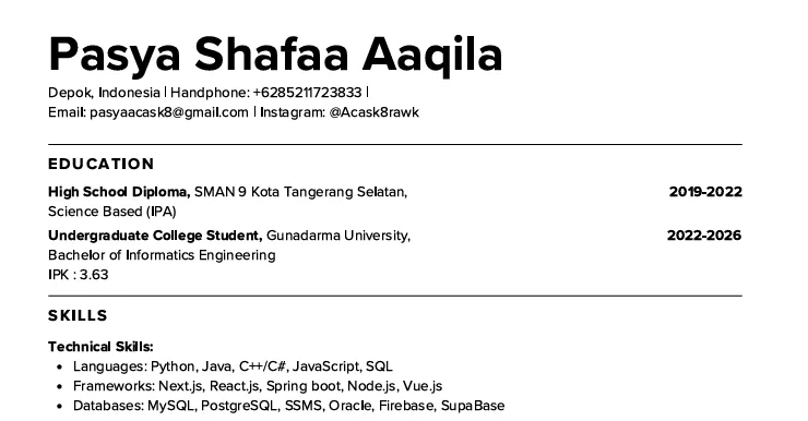 First page of the curriculum vitae of Pasya Shafaa Aaqila