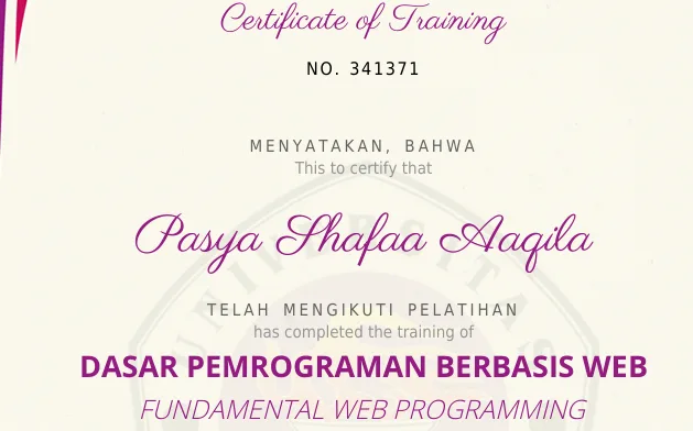 Certificate of training in fundamental web programming from Gunadarma University